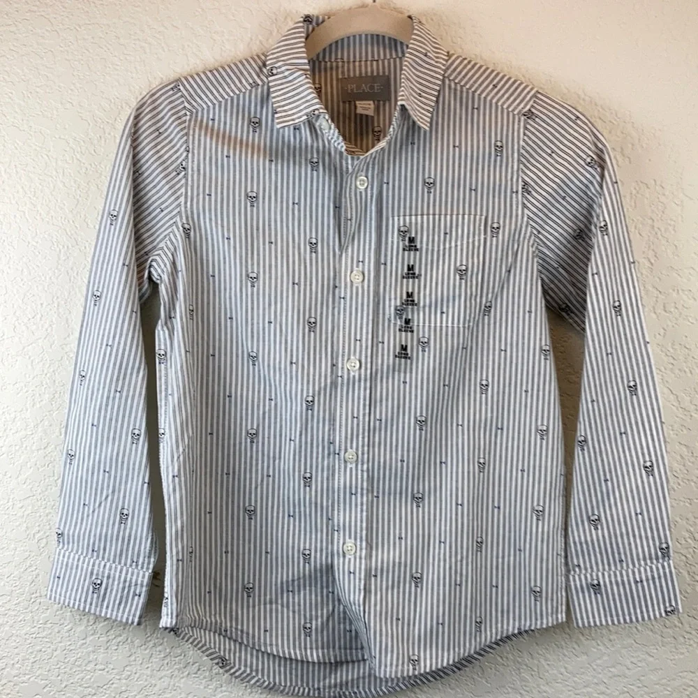 *Children’s Place New White Pinstriped Skull Medium Button Down Shirt C78